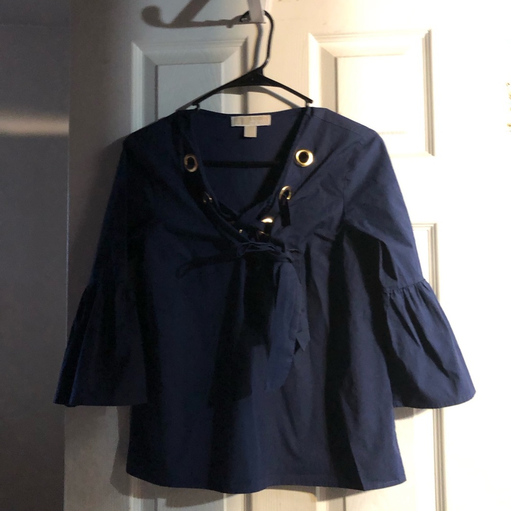 Michael Kors Navy Lace-Up V-Neck Bell Sleeve Top with Gold Eyelets